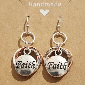 Handmade - Silver and Copper Spiral Chainmail Earrings w/ "Faith"  Medallion
